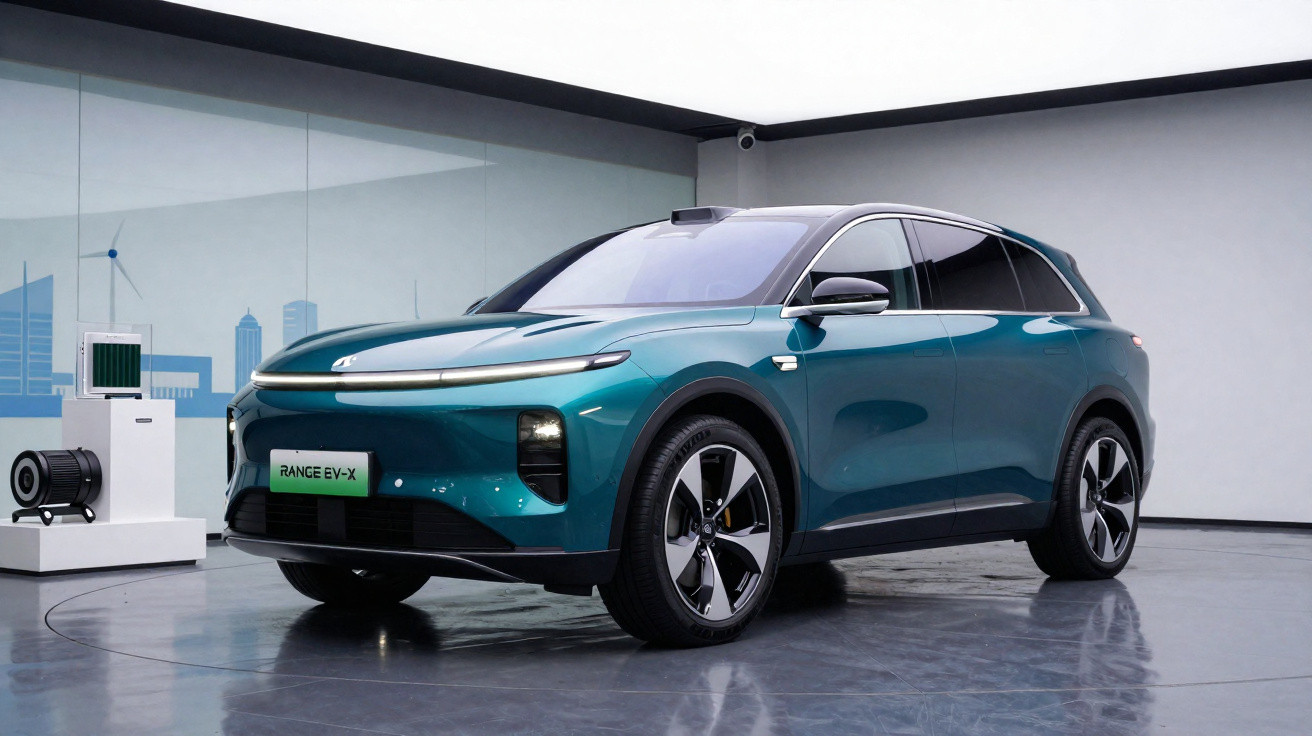 Carro elétrico SUV azul esverdeado numa sala branca com chão refletor e elementos tecnológicos ao fundo.