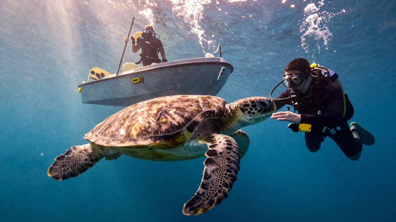 Mergulhador interagindo com uma tartaruga marinha enquanto outro está num barco à superfície do mar.