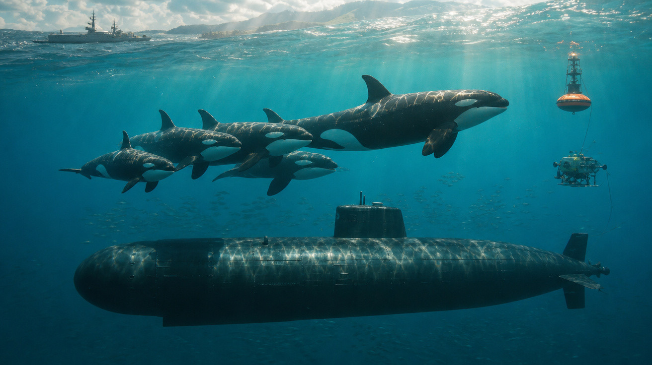 Submarino subaquático junto a orcas e equipamento de pesquisa com navio ao fundo sob céu nublado.