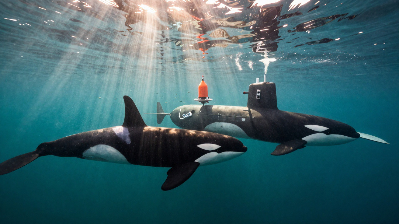 Orca nadando ao lado de submarino preto com estrutura laranja perto da superfície do mar iluminada pelo sol.