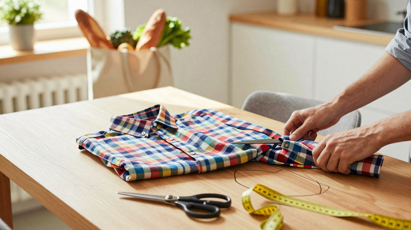 Pessoa a preparar camisa aos quadrados numa mesa com fita métrica e tesoura.