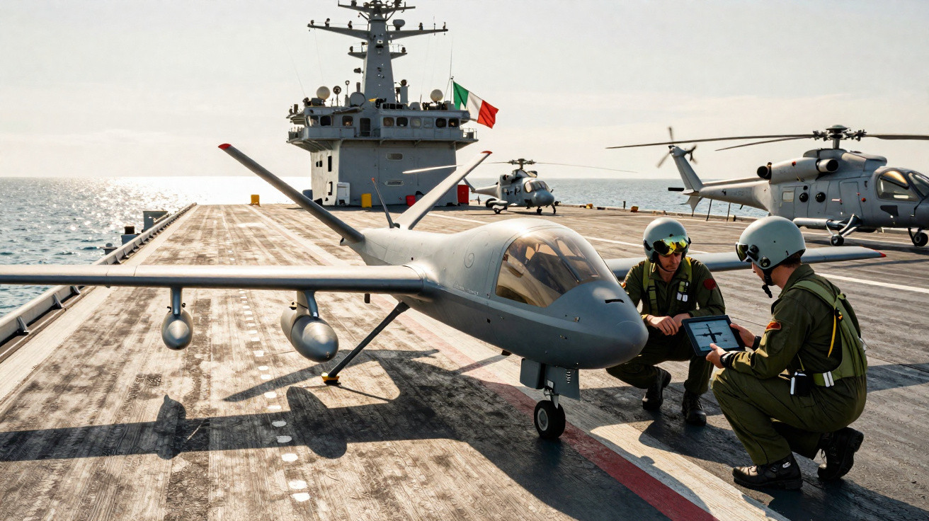 Duas pessoas em farda junto a um drone e dois helicópteros numa aeronave militar no mar com bandeira italiana.
