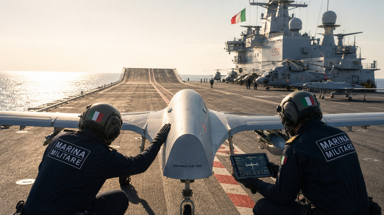Dois militares da Marina Italiana preparam um drone Bayraktar TB3 num porta-aviões ao pôr do sol.