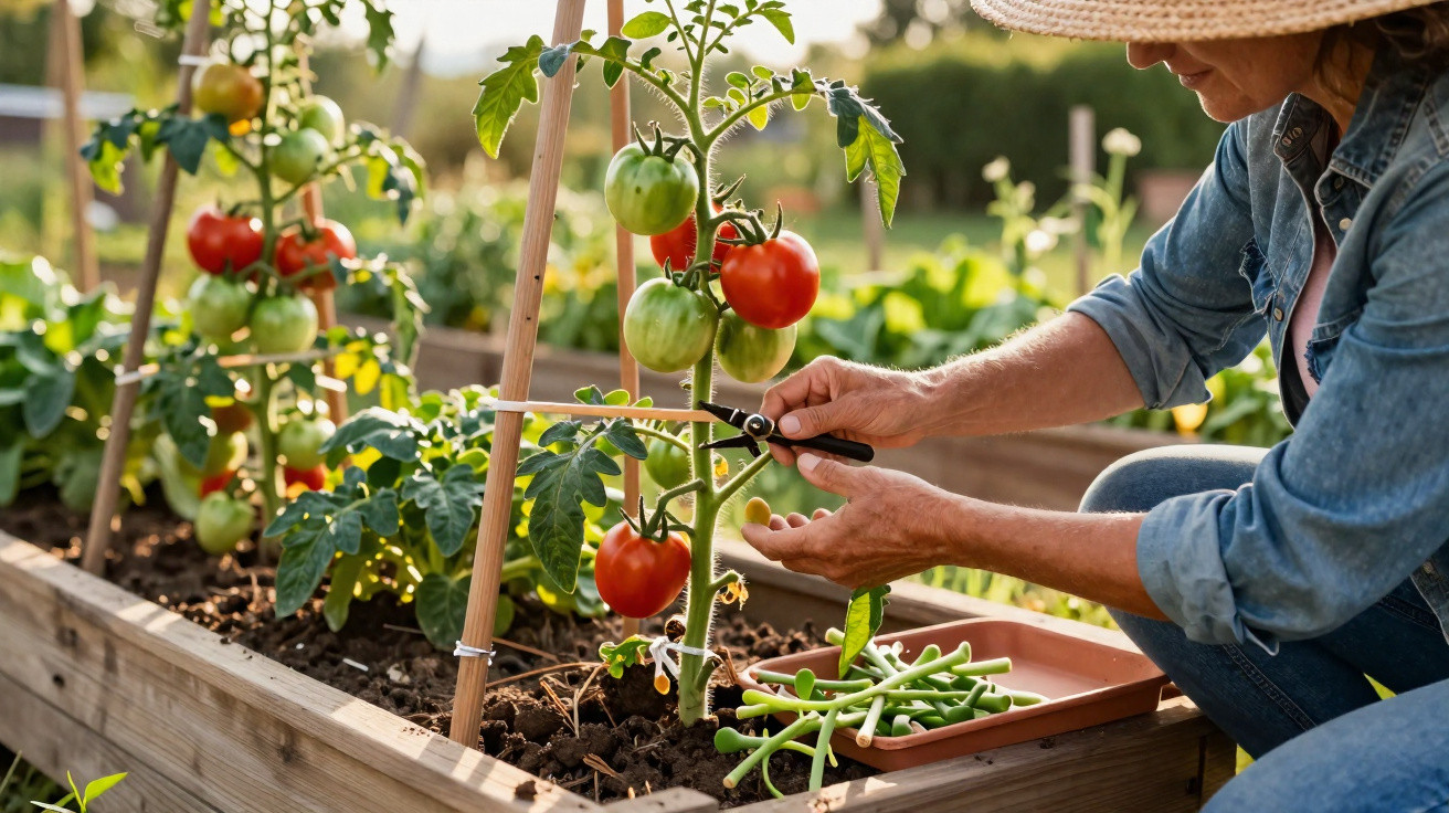 Pessoa a colher tomates vermelhos maduros numa horta elevada ao ar livre num dia solarengo.