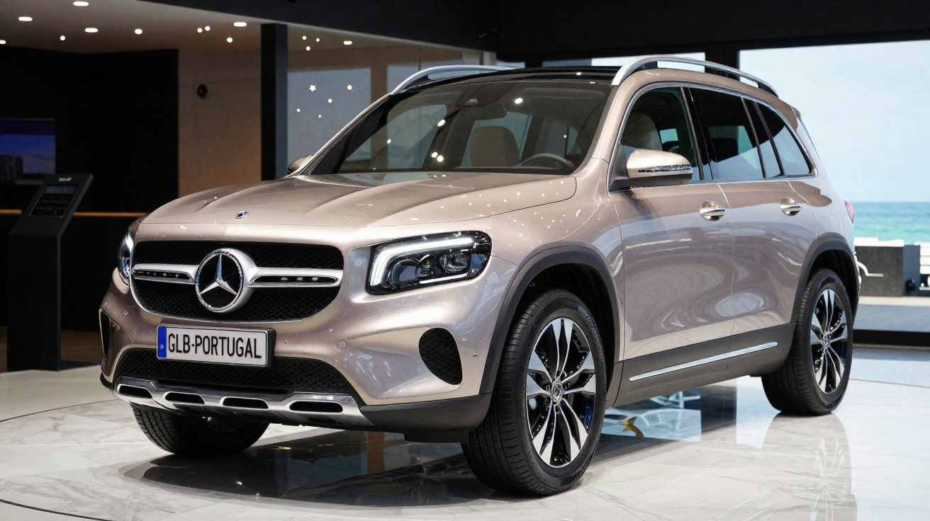 Veículo Mercedes-Benz GLS 2024 prata exposto em salão automóvel com fundo escuro e janelas para o exterior.