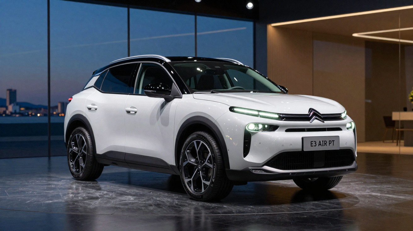 SUV Citroën E3 Air PT branco estacionado em espaço interior com vidros amplos ao entardecer.