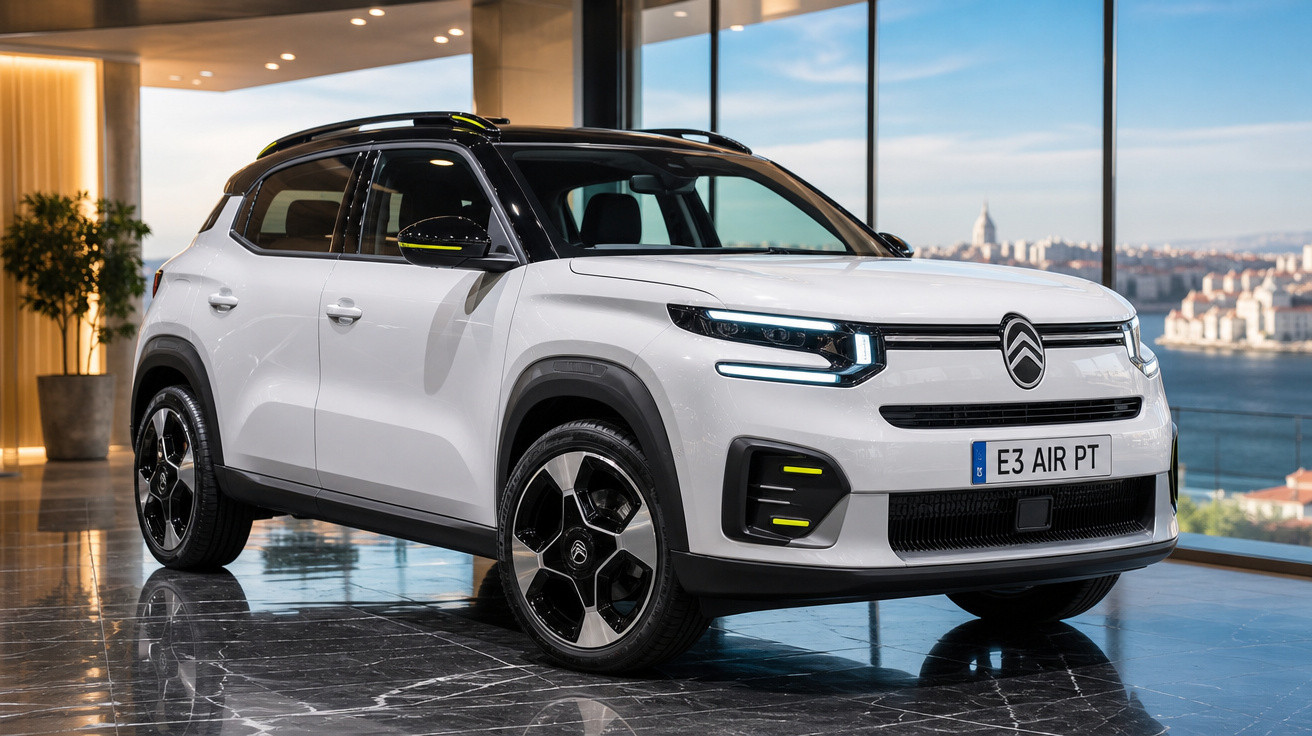 Carro Citroën branco elétrico estacionado em ambiente interior com vista para cidade e rio ao fundo.