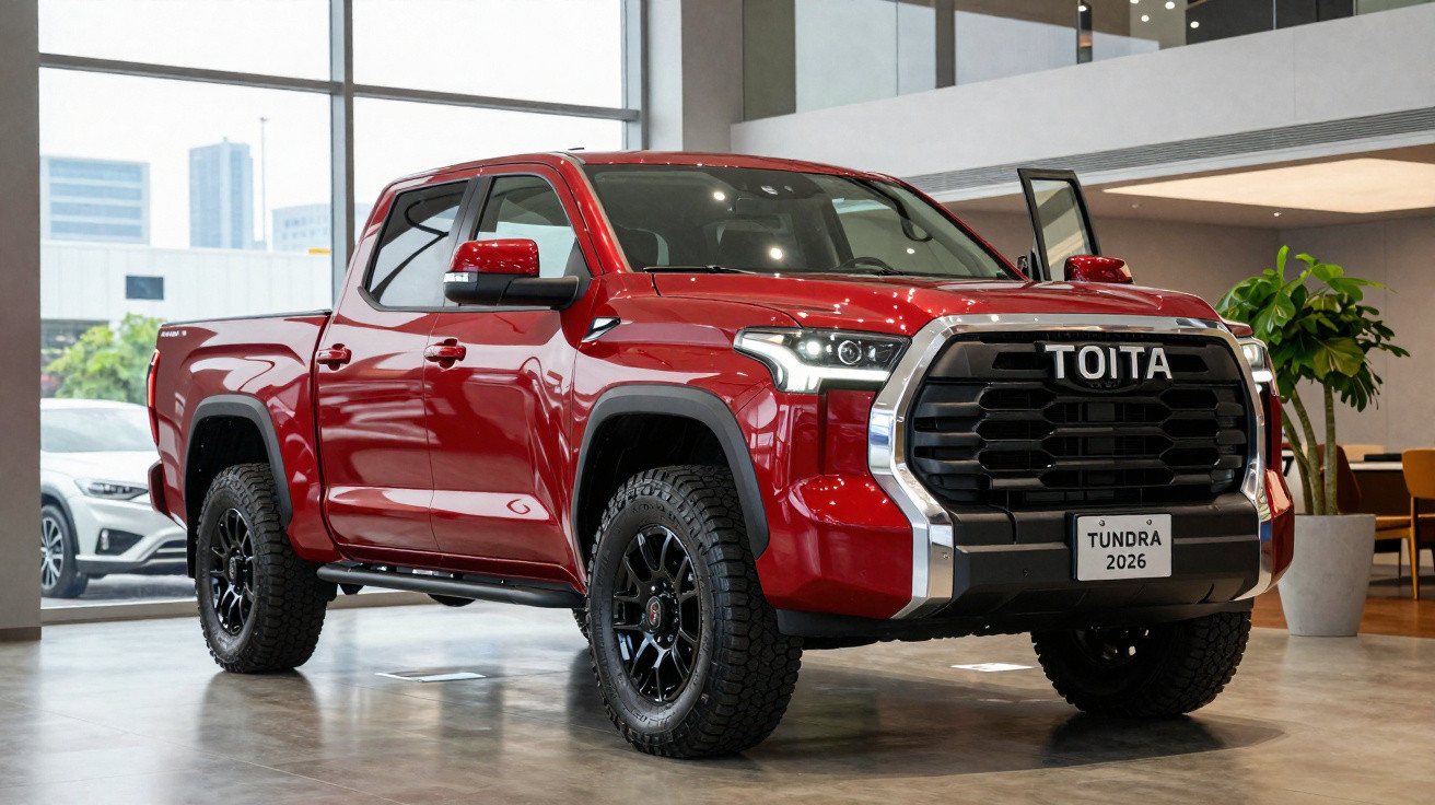 Picape vermelha Toyota Tundra 2026 exposta numa concessionária moderna.