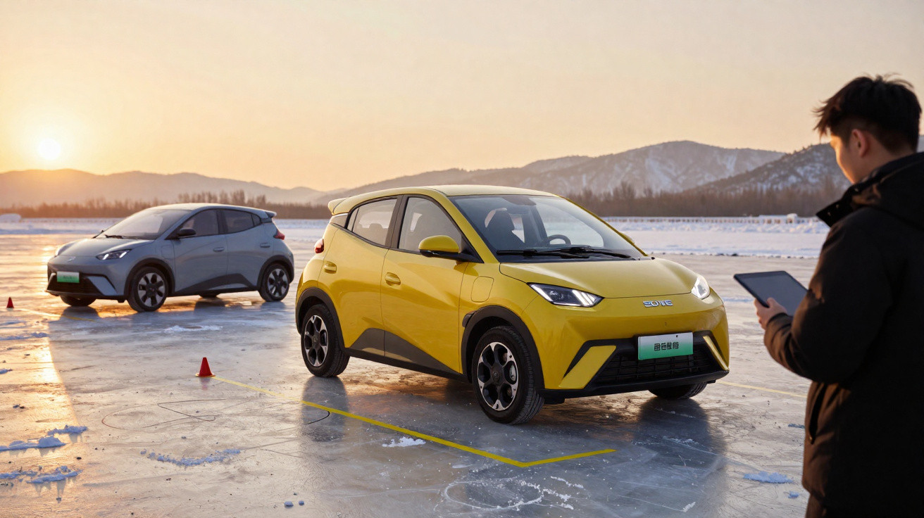 Dois carros elétricos estacionados em superfície gelada ao pôr do sol, com homem a usar tablet.