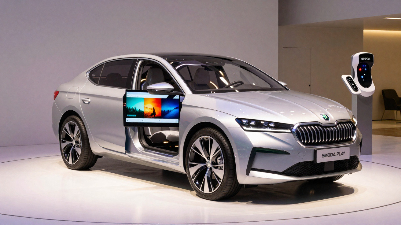 Automóvel elétrico Skoda Play prata em exposição, com ecrã digital na porta aberta.