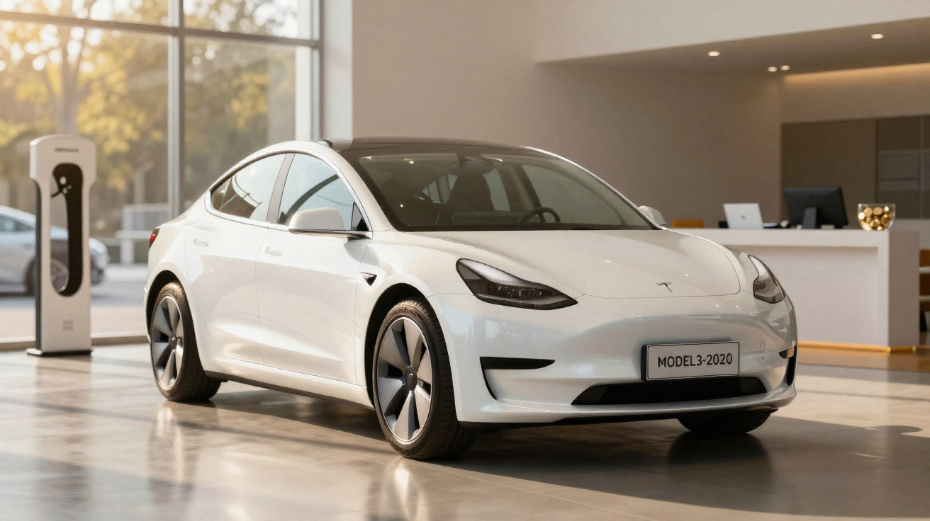 Carro elétrico branco Tesla Model 3 de 2020 estacionado em showroom moderno e iluminado.