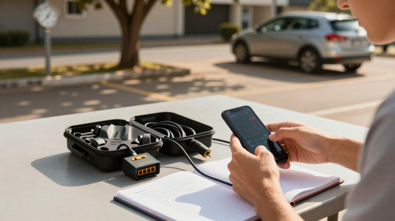 Pessoa a usar um telemóvel para analisar dados ao ar livre com equipamento eletrônico e caderno numa mesa.