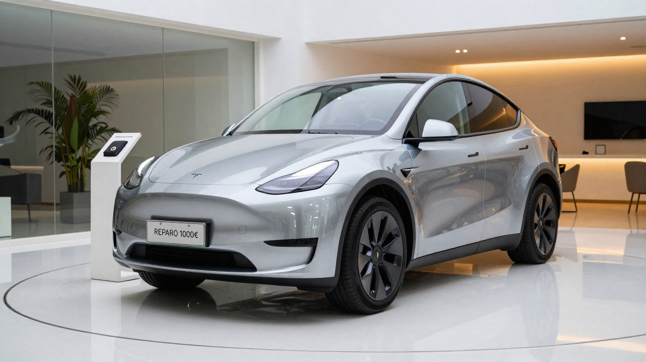 Carro elétrico cinza Tesla Model Y exposto numa sala moderna e iluminada.