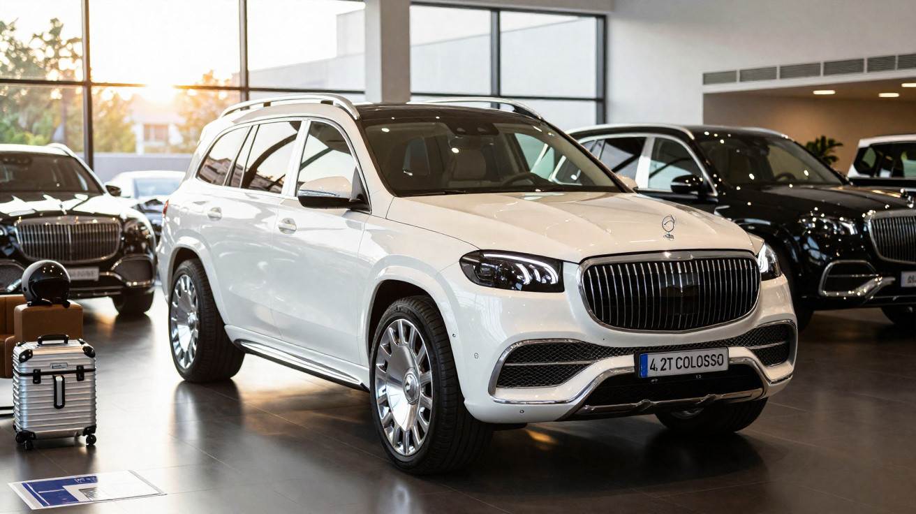 Carro SUV de luxo branco estacionado numa loja com janelas grandes e carros pretos ao fundo.