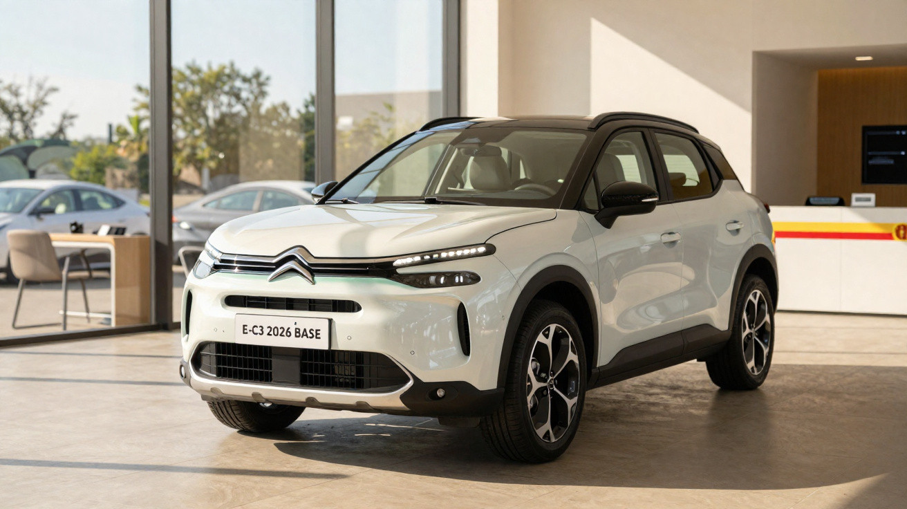 Automóvel Citroën E-C3 2026 branco, estacionado em showroom com janelas grandes ao fundo.
