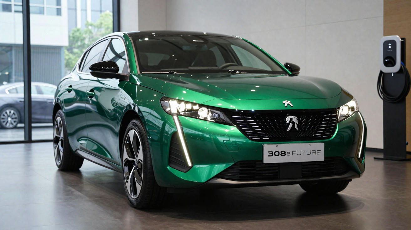 Peugeot 308 elétrico verde exibido num showroom moderno com carregador elétrico ao fundo.