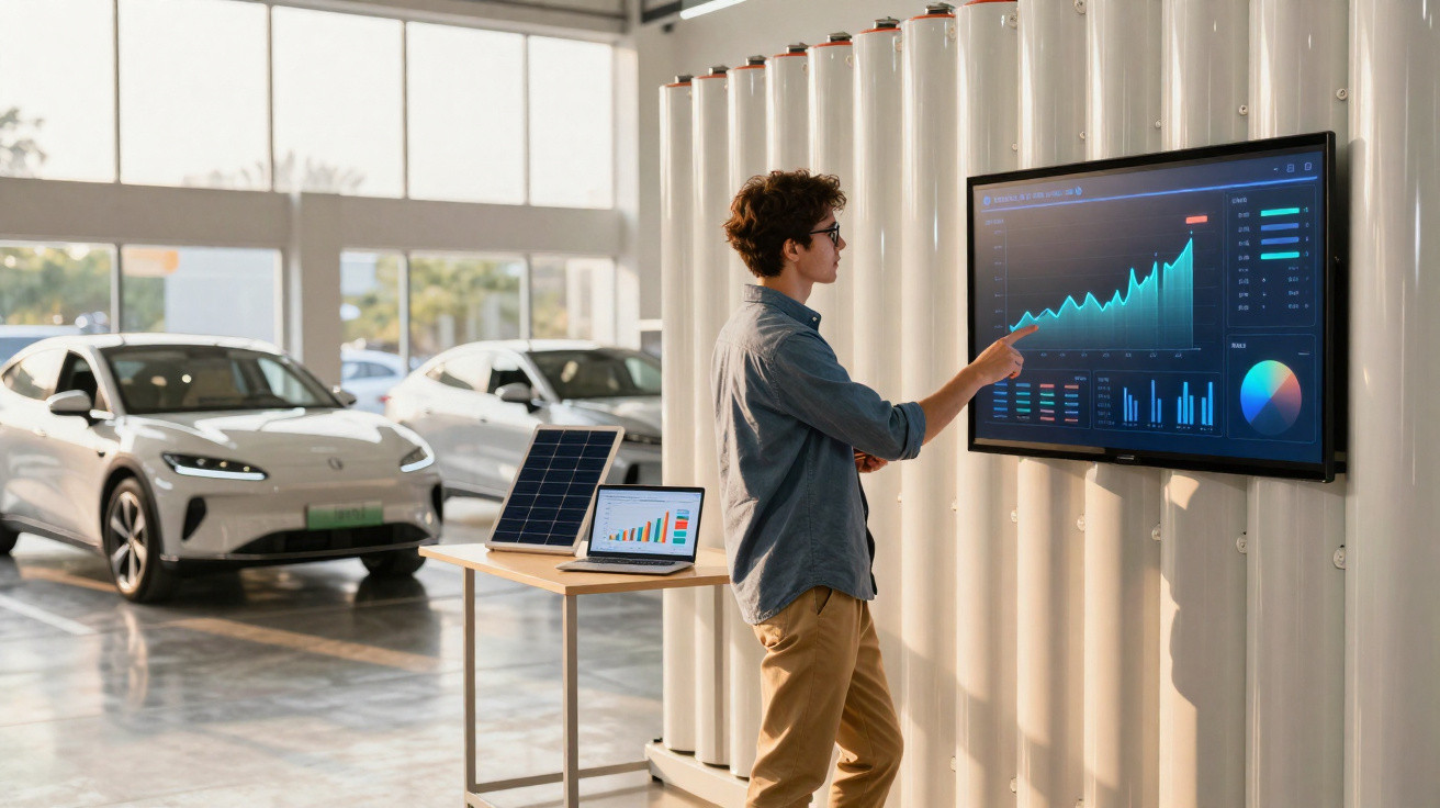 Homem analisa gráficos de crescimento num ecrã digital, com carros elétricos ao fundo numa sala moderna.