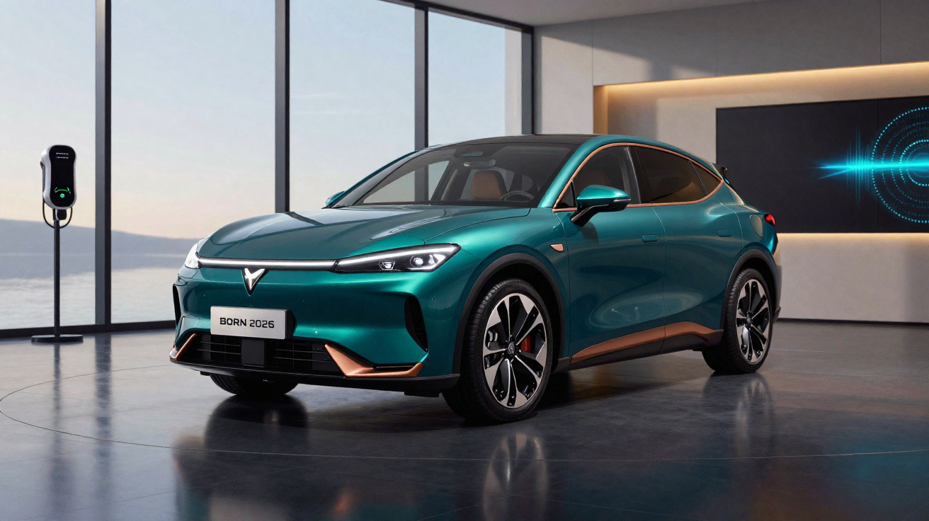 Carro elétrico verde metálico modelo 2026 estacionado em showroom moderno com estação de carregamento.