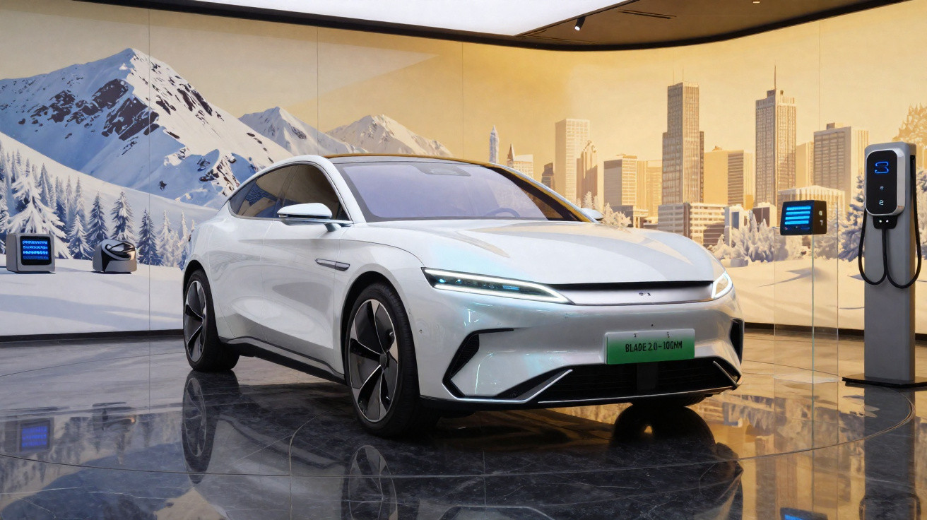 Carro elétrico branco apresentado em salão com pintura mural de montanhas e cidade ao fundo.
