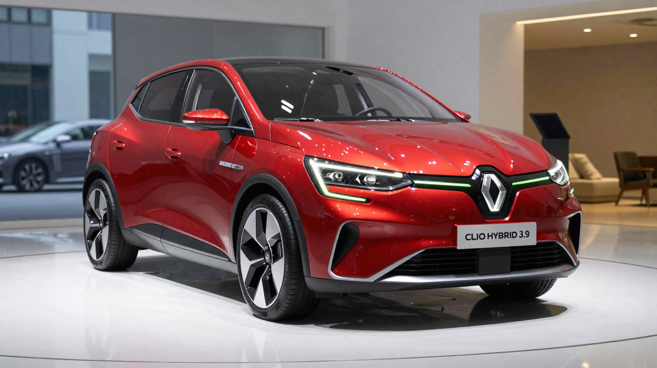 Renault Clio Hybrid 3.9 vermelho exposto em salão moderno, vista frontal lateral direita.