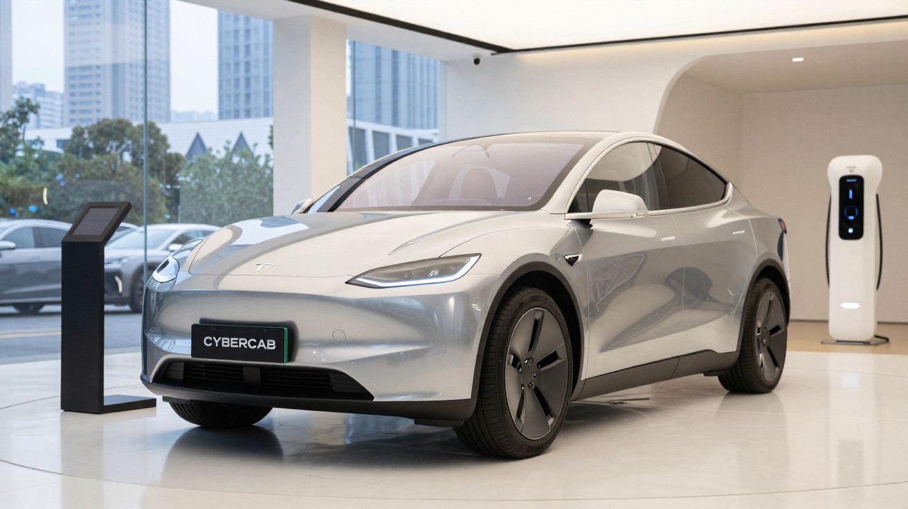 Carro elétrico cinza moderno estacionado num espaço interior com carregador elétrico ao fundo.