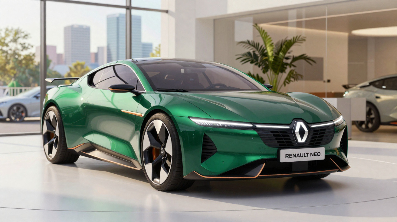 Carro desportivo elétrico Renault Neo verde, estacionado em showroom com grandes janelas e luz natural.