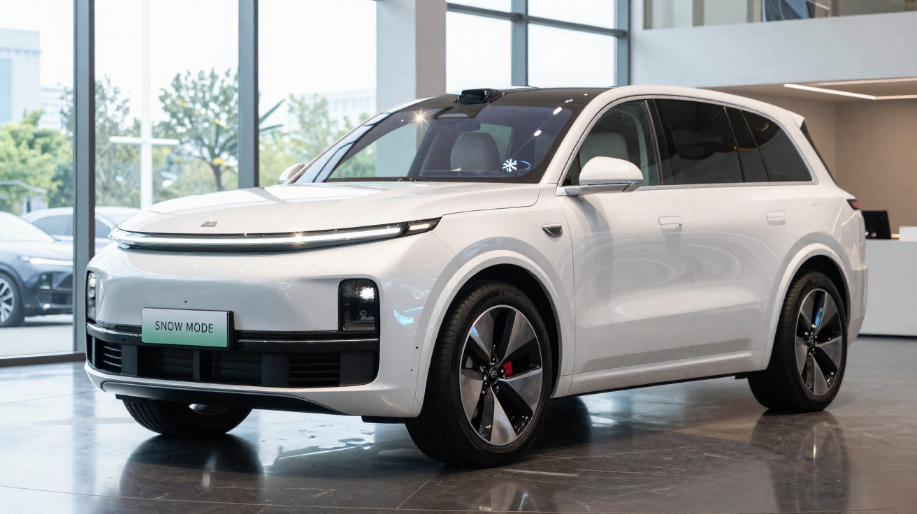 Carro elétrico branco estacionado dentro de um edifício moderno com janelas amplas.