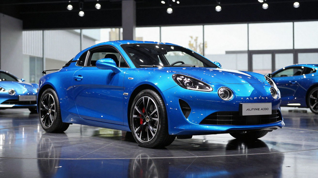 Carro desportivo azul Alpine A330 exposto em show de automóveis com luz natural e reflexos no chão.