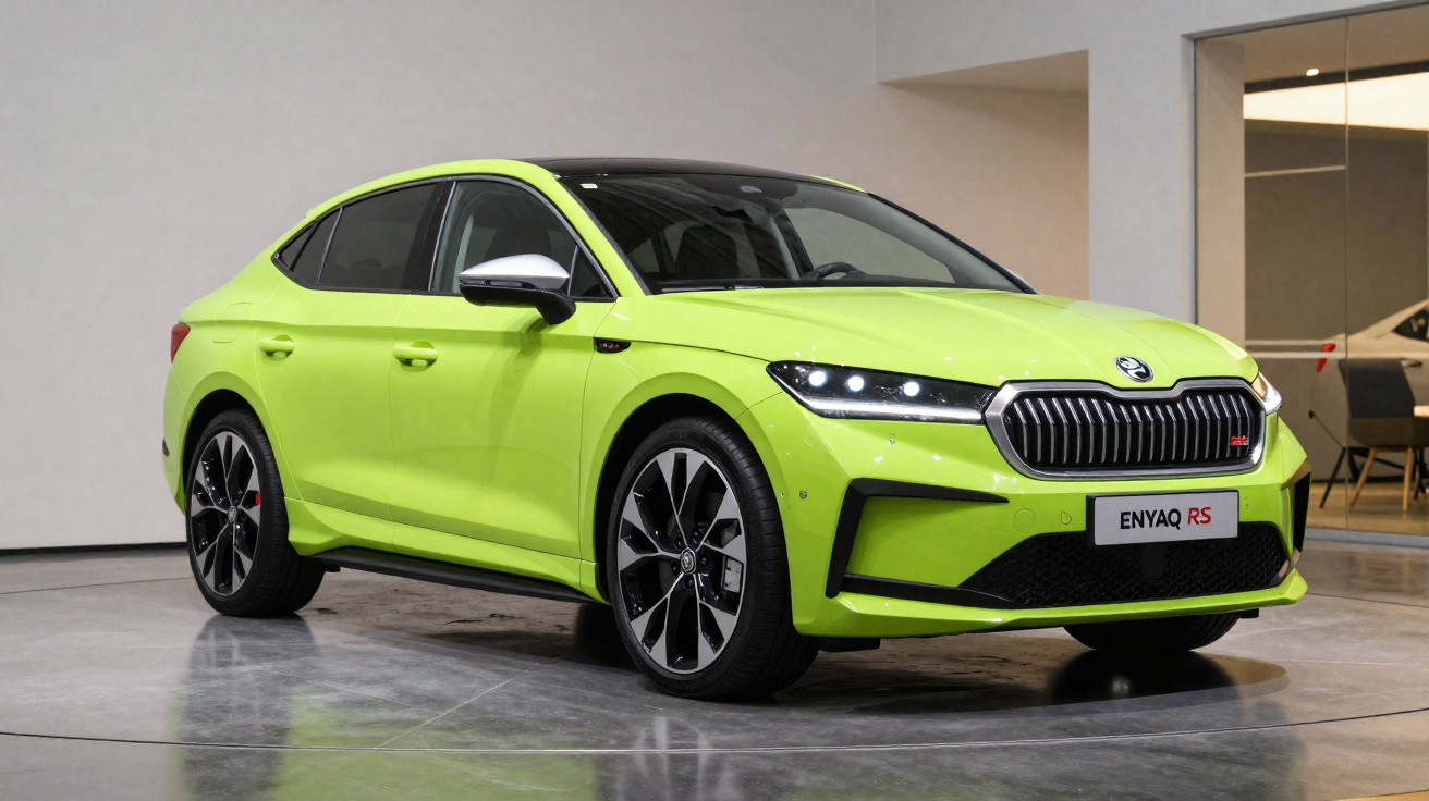 Carro elétrico Skoda Enyaq RS verde lima estático num espaço interior moderno com luz suave.