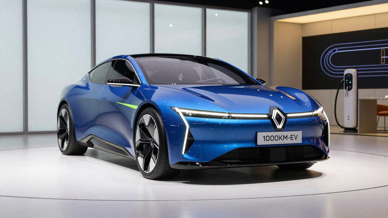 Carro elétrico azul Renault 1000KM-EV em exposição num salão moderno com carregador ao fundo.