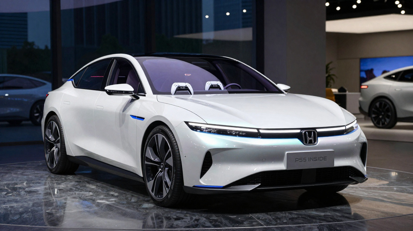 Carro elétrico Honda branco com design moderno e faróis LED, exposto num salão automóvel.