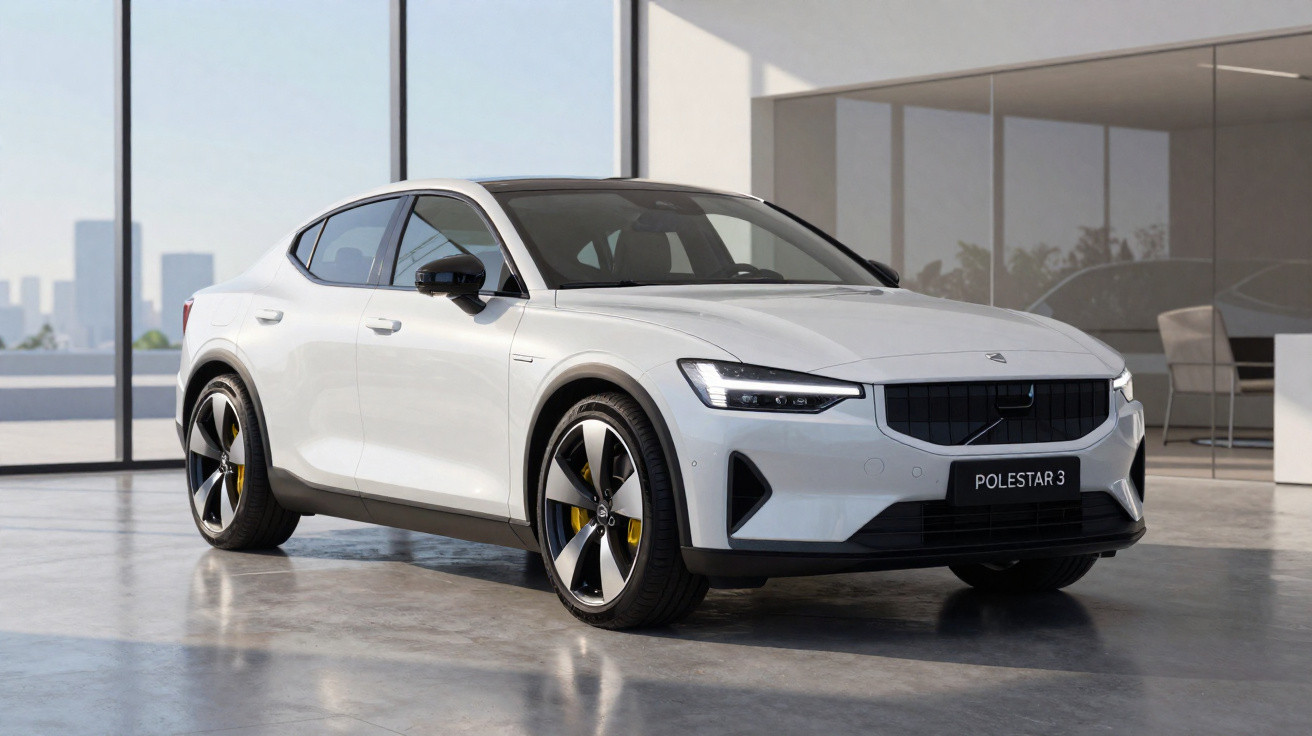 Carro elétrico branco Polestar 3 estacionado dentro de garagem moderna com chão polido.