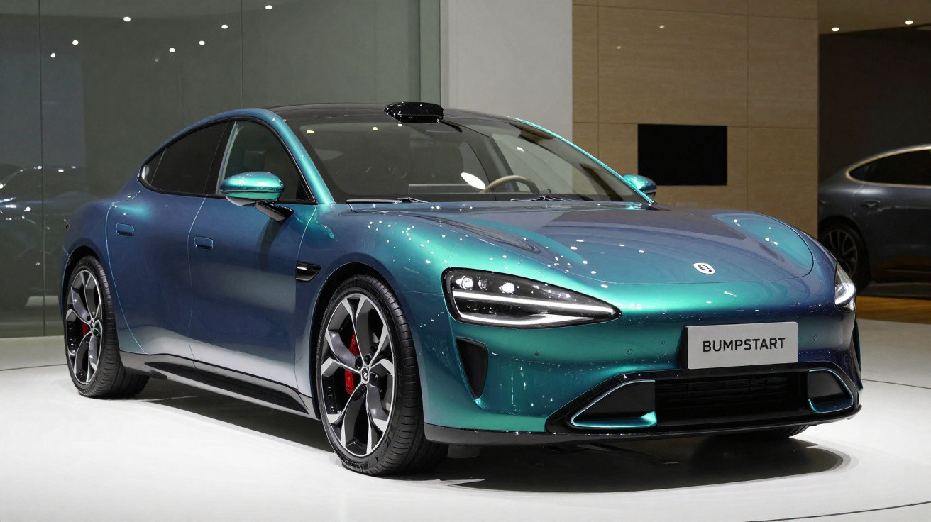 Carro desportivo elétrico azul metálico com faróis LED, rodas grandes e design aerodinâmico em exposição.
