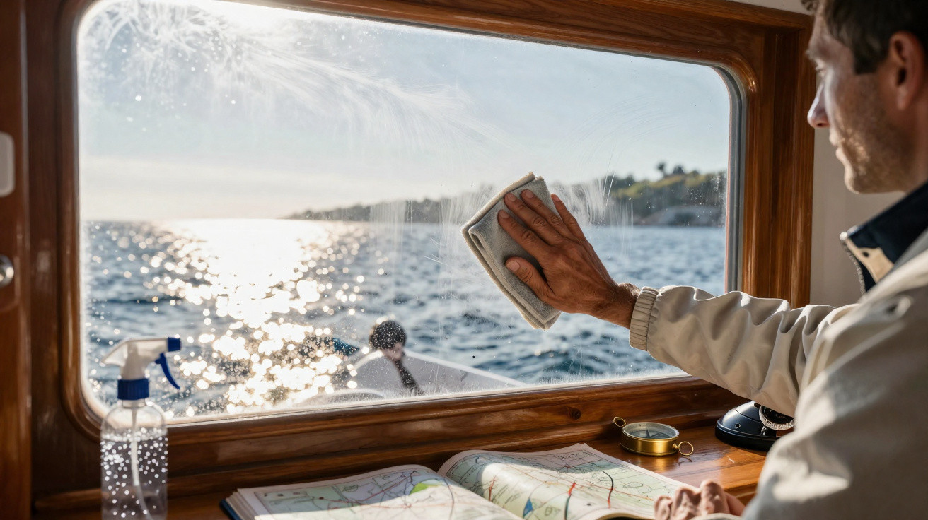 Homem limpa a janela de um barco com vista para o mar ao pôr do sol.
