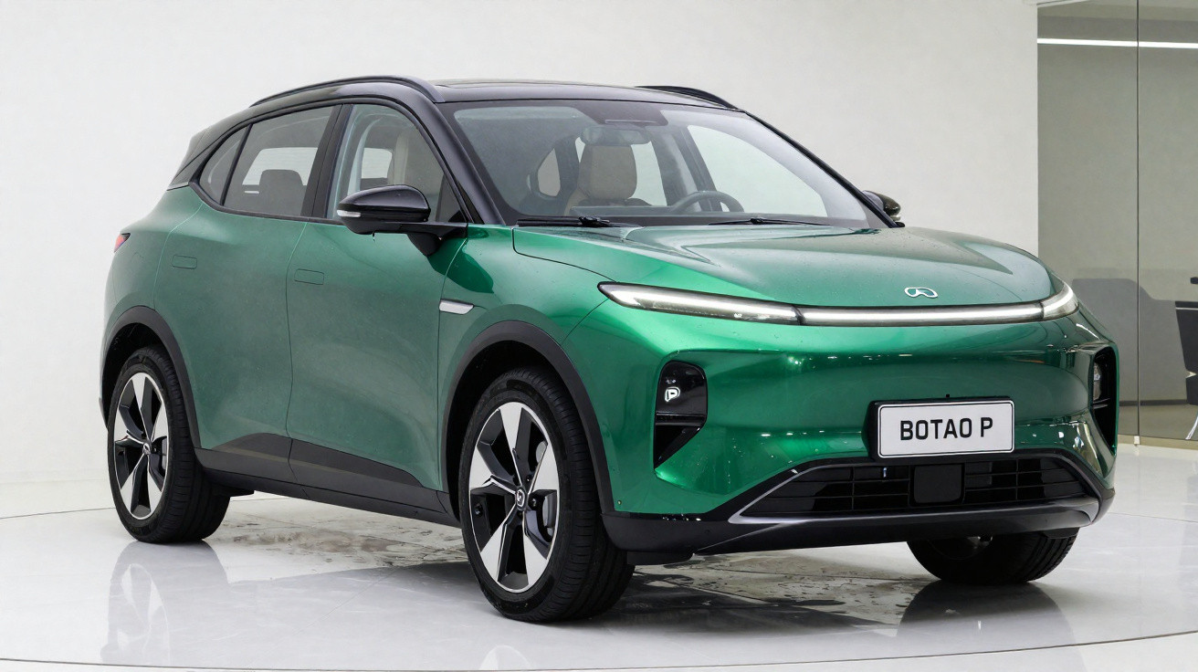 Automóvel SUV elétrico verde com teto preto, faróis finos e design moderno numa sala branca.