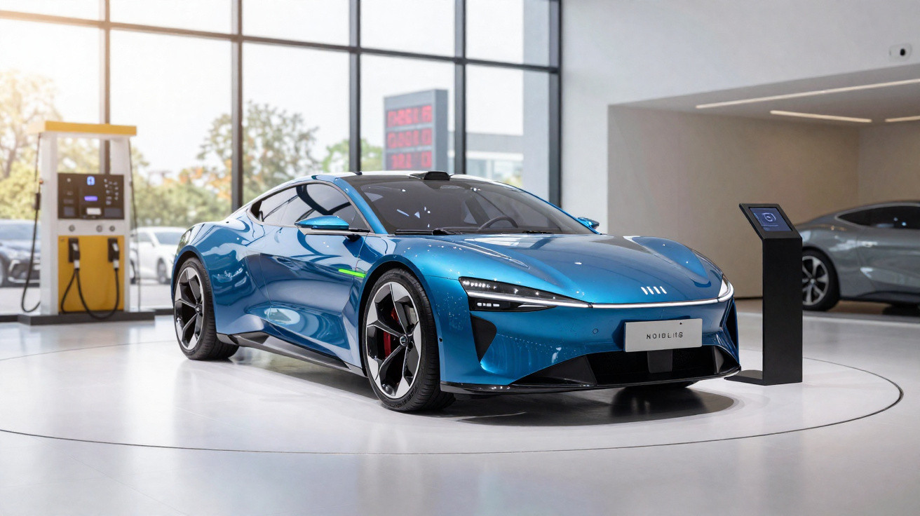 Carro desportivo elétrico azul exposto num espaço moderno e luminoso com grandes janelas.