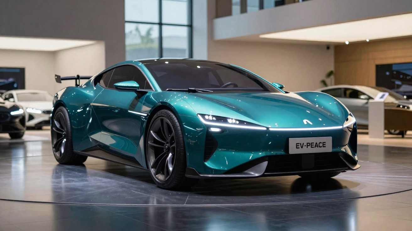 Carro desportivo elétrico verde metálico "EV-PEACE" em exibição numa sala moderna e iluminada.