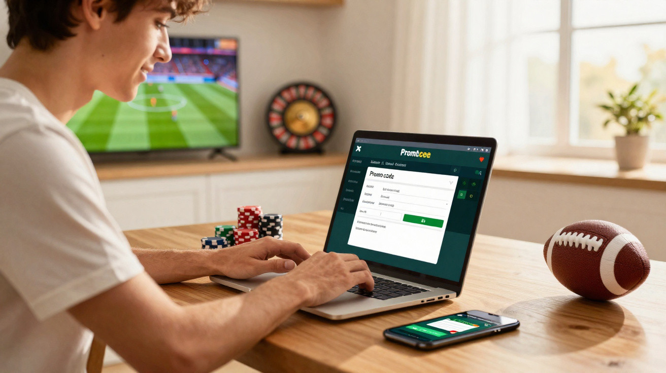 Jovem a apostar online numa plataforma de apostas desportivas, com telemóvel, fichas e bola de râguebi na mesa.