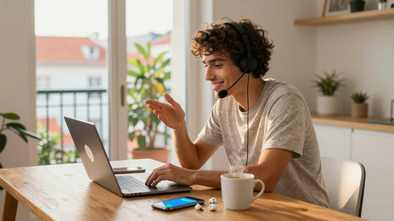 Jovem com auriculares e microfone a falar e sorrir enquanto usa um computador portátil numa mesa em casa.