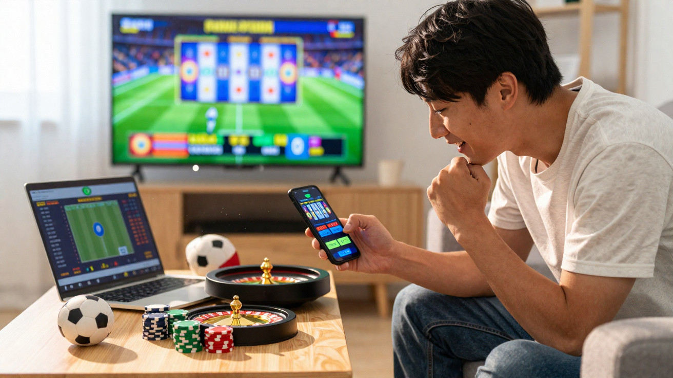 Homem a jogar apostas online com telemóvel, computador e televisores com jogos de futebol e casino.