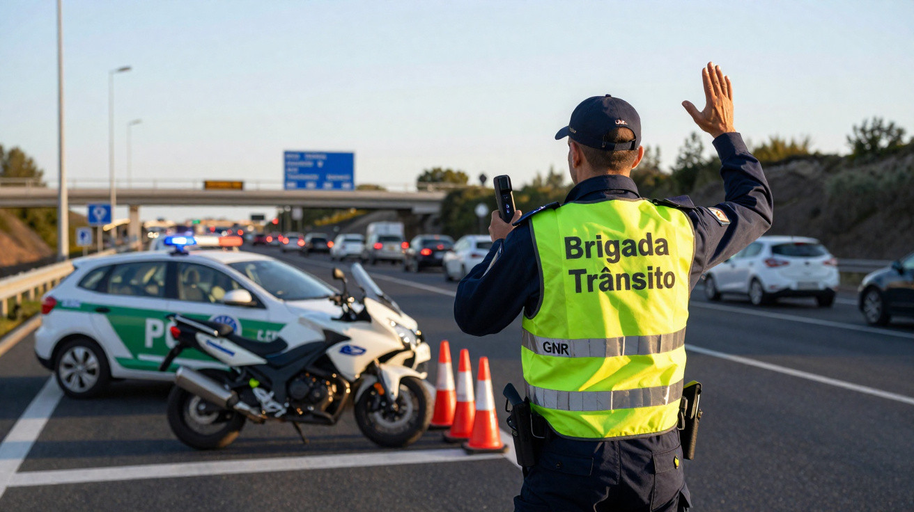 Agente da Brigada de Trânsito da GNR a controlar o trânsito numa autoestrada bloqueada por viatura e cones.