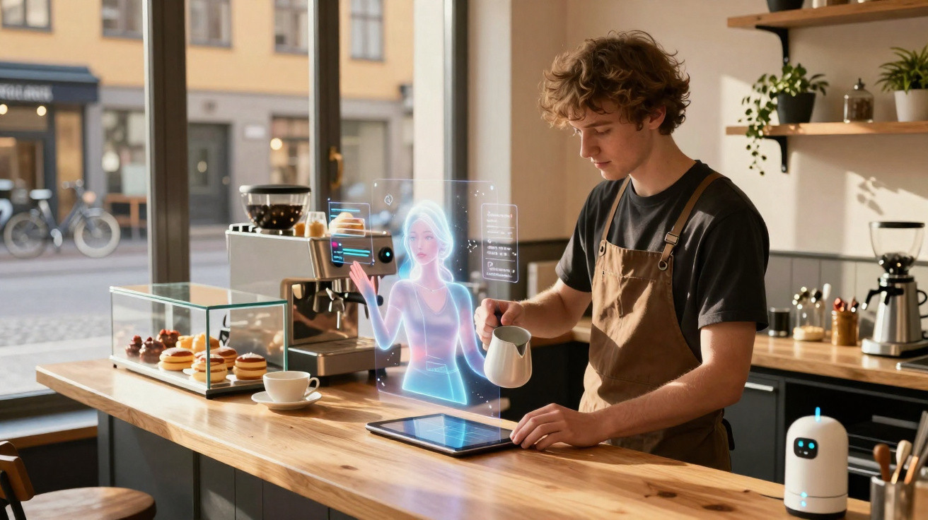 Barista a fazer café com ajuda de assistente virtual holográfico numa cafetaria moderna.