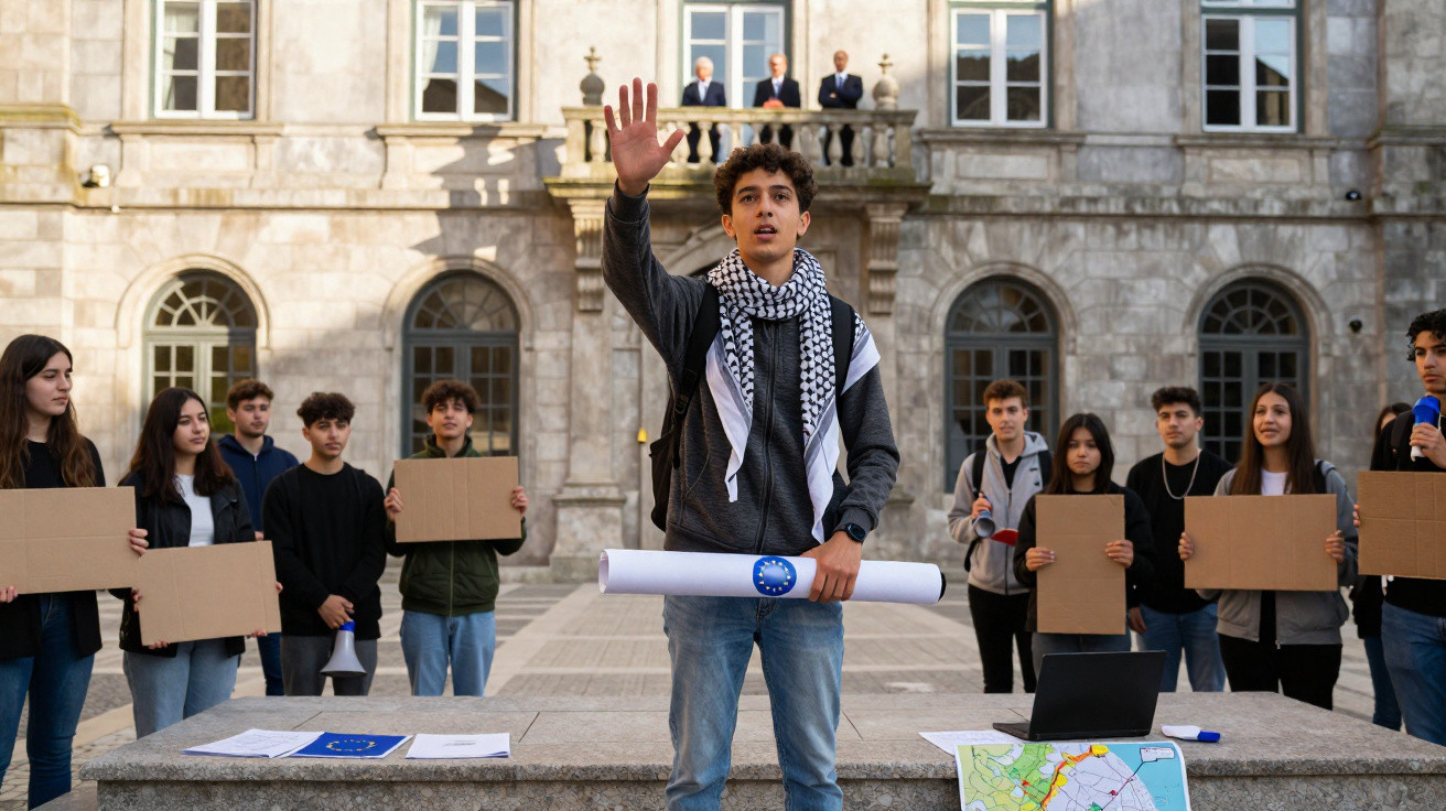 Jovem com cachecol palestiniano discursa em protesto, rodeado por outros jovens com cartazes sem texto.