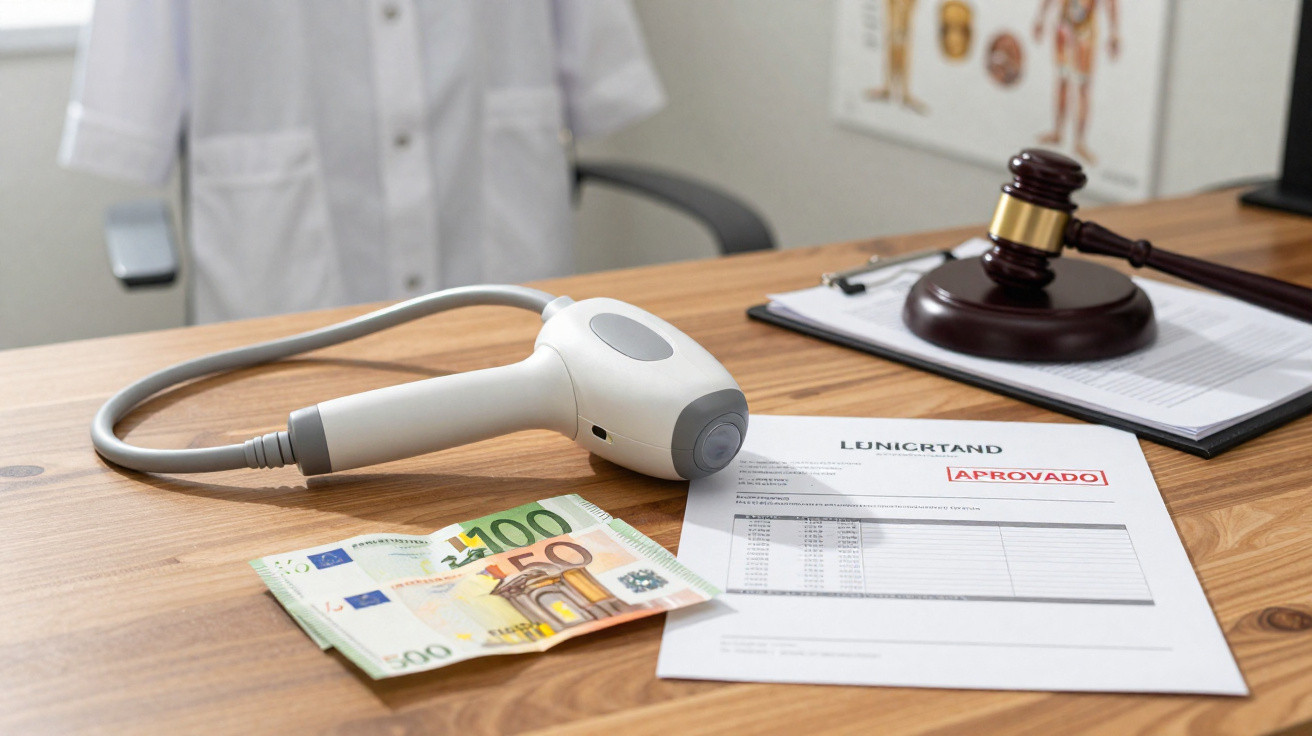 Mesa com scanner médico, notas de euro, documento com carimbo "APROVADO" e martelo de juiz desfocado ao fundo.
