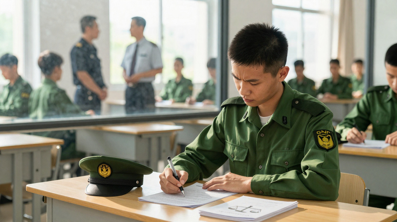 Jovem militar asiático em uniforme verde escreve em caderno numa sala de aula com colegas ao fundo.