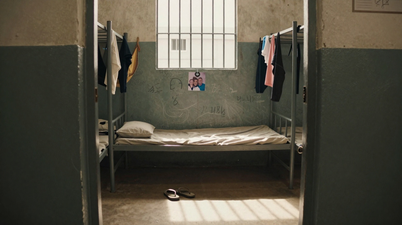 Cela de prisão com cama simples, roupa pendurada, chinelos no chão e janela com grades iluminando o espaço.