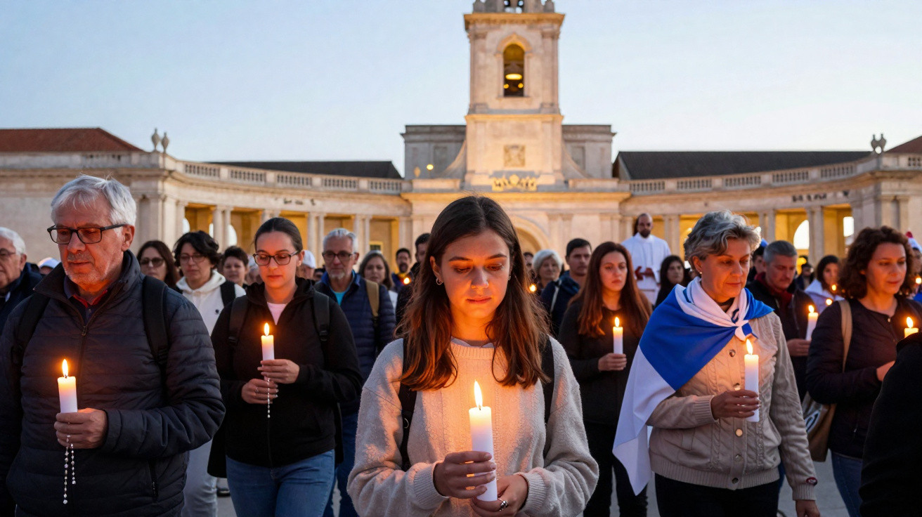 Grupo de pessoas reunidas de noite em vigília com velas na mão, em frente a edifício histórico iluminado.