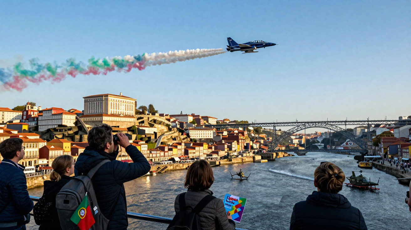 Avião da Força Aérea com fumo nas cores da bandeira italiana sobre o rio Douro em Porto, com pessoas a observar.