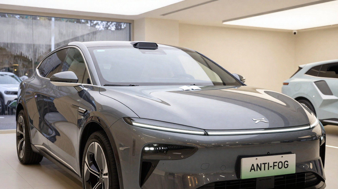 Carro elétrico cinzento estacionado numa loja moderna com placa de matrícula "ANTI-FOG".