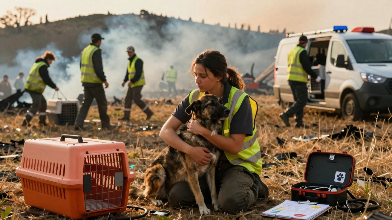 Voluntária com colete salva cão em terreno queimado, com outros voluntários e viatura de emergência ao fundo.